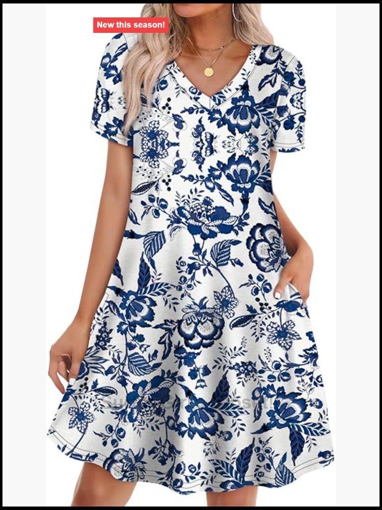 Boho T-Shirt Dress With Pockets Casual Loose Fit V-Neck